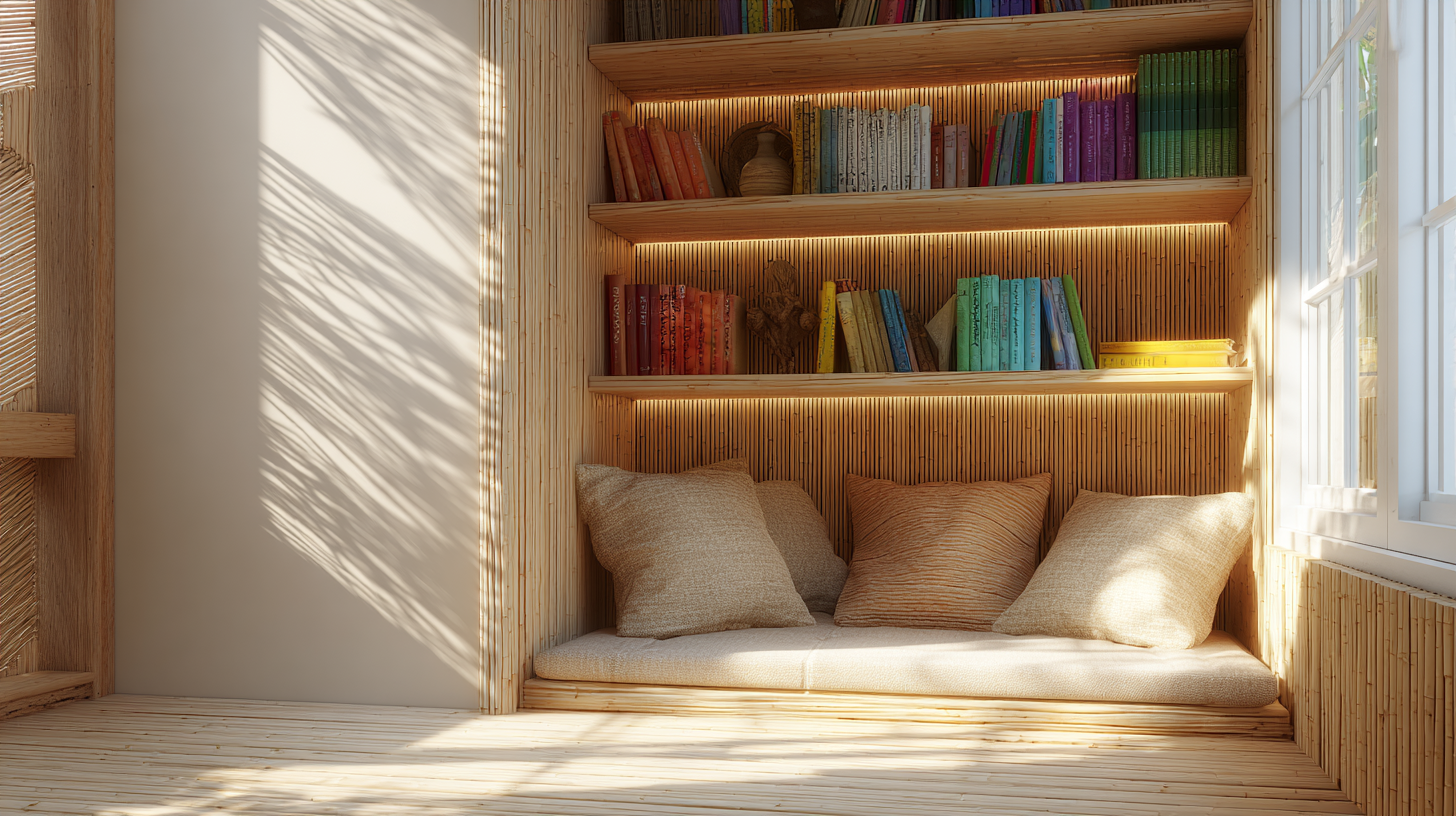 Wohnzimmer mit LightShelf-Regal: helle Buchrücken dank Tageslichtfasern, natürliche Bambusoptik